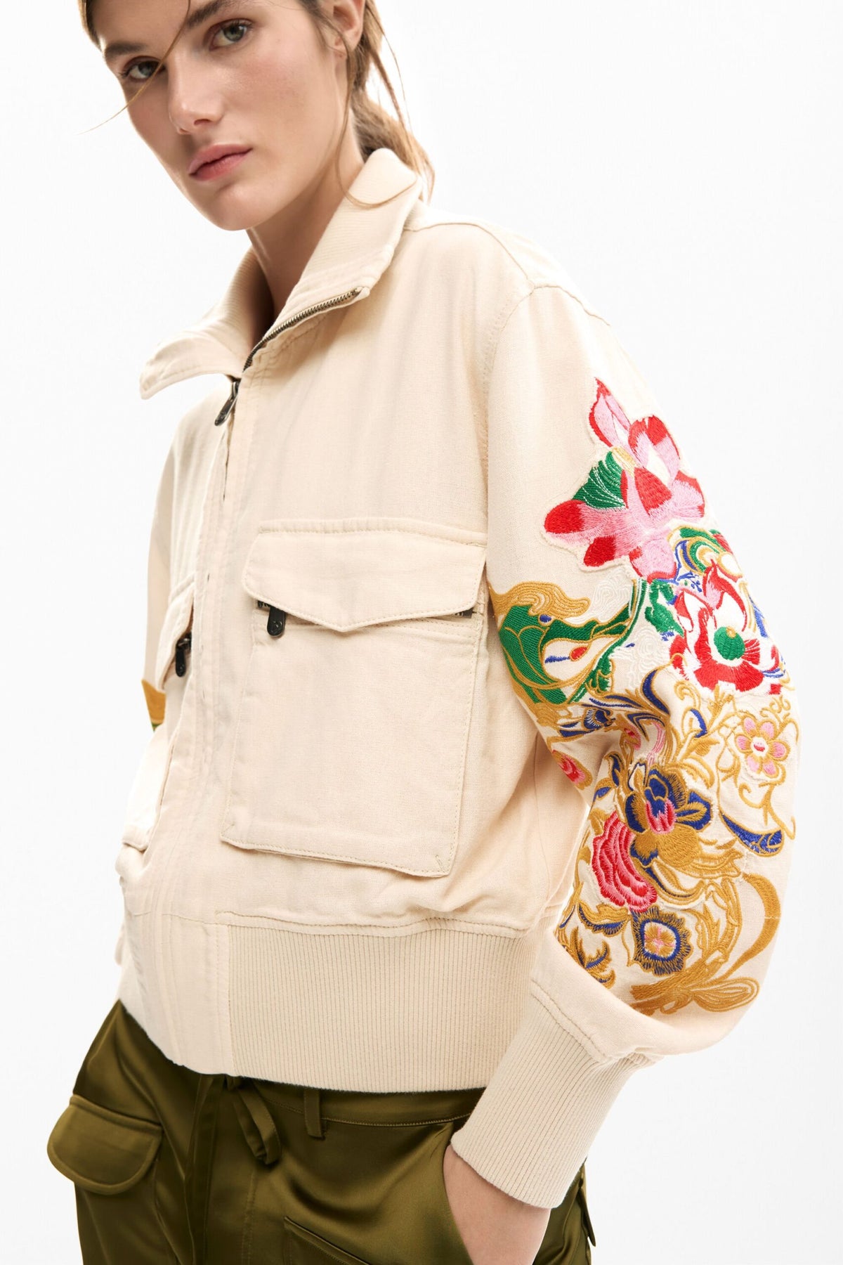 Desigual Jacket with chest pockets, flower patch-style appliqués