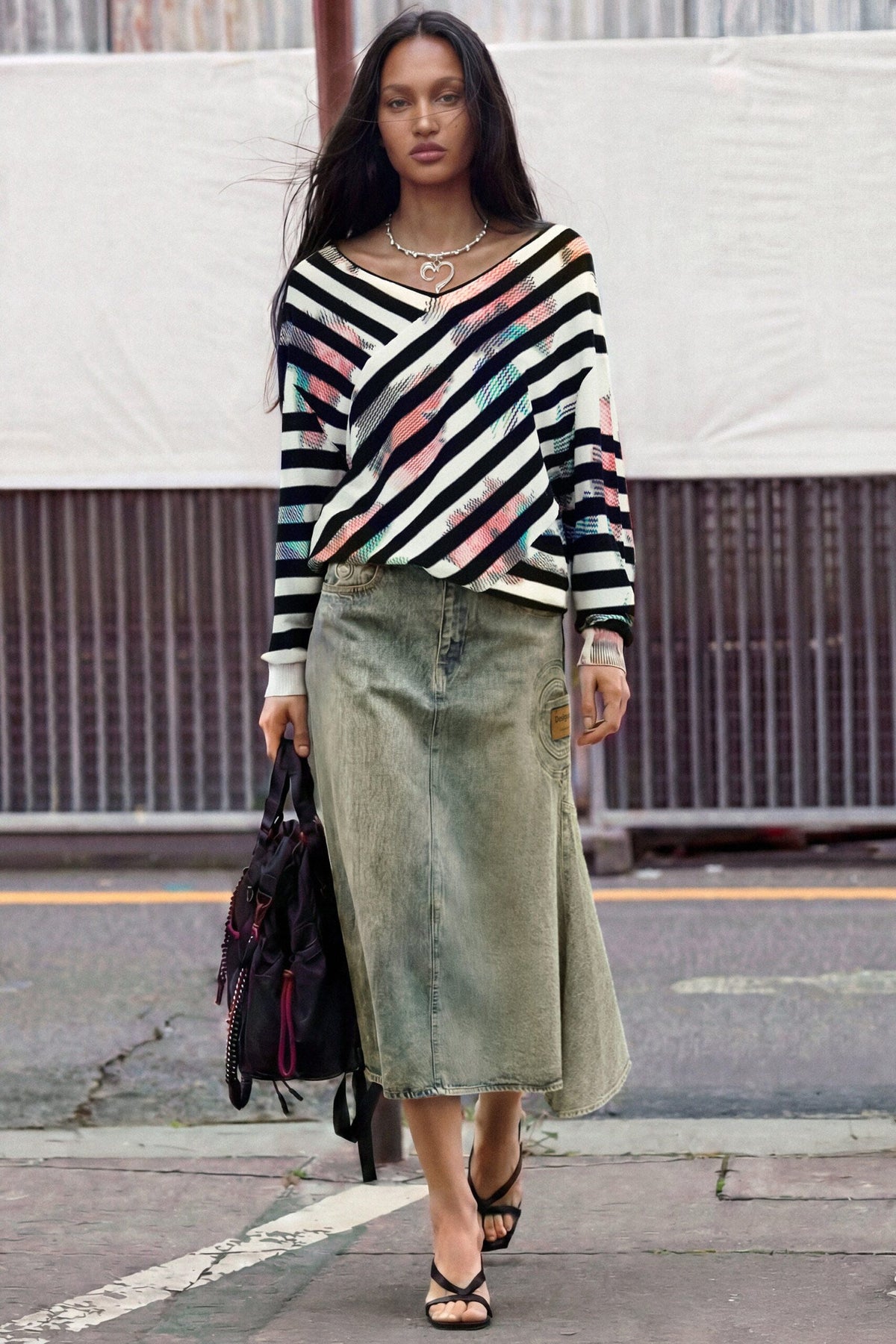 Desigual Fine-knit Sweater with wrap neckline, striped print over a blurred floral print