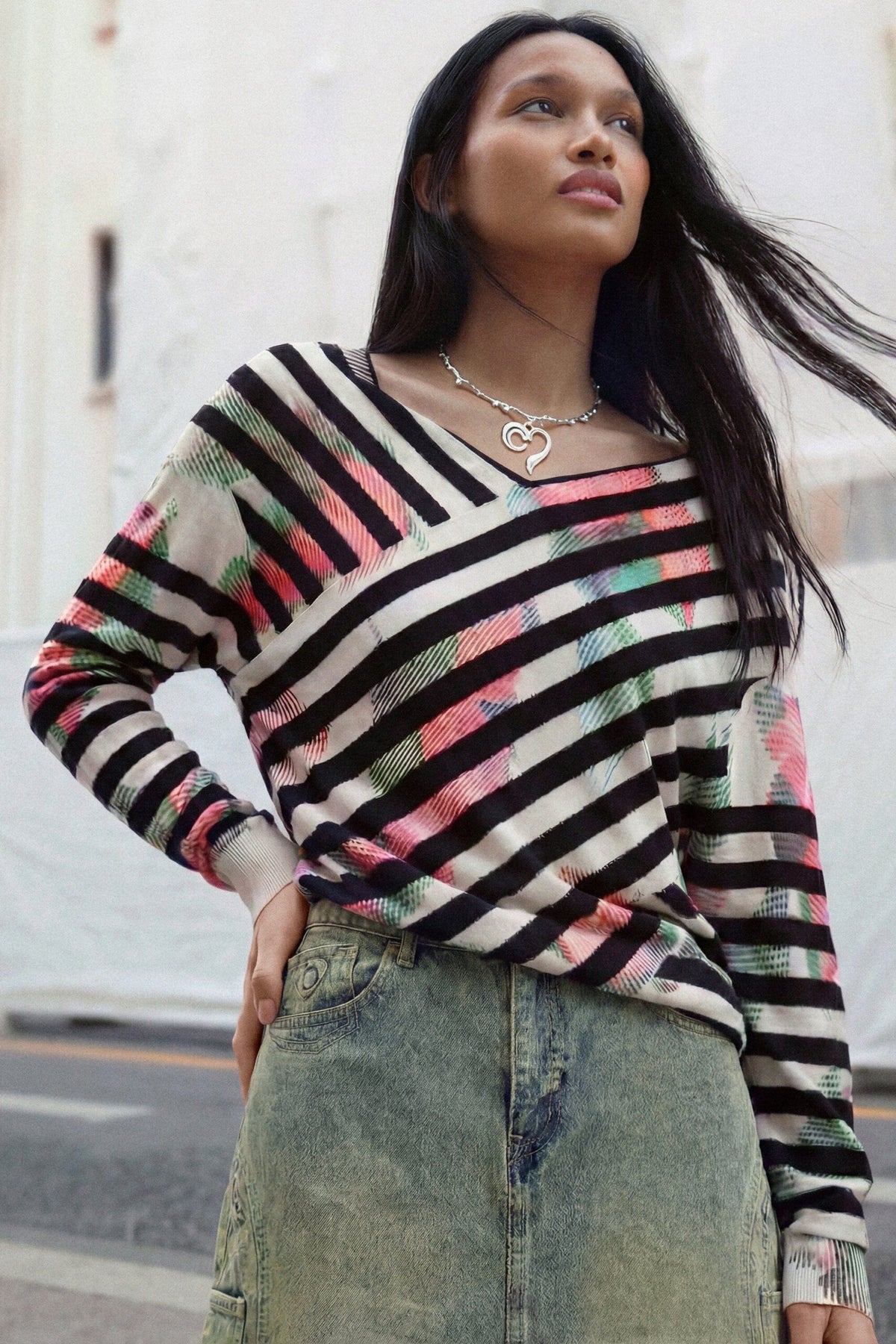 Desigual Fine-knit Sweater with wrap neckline, striped print over a blurred floral print