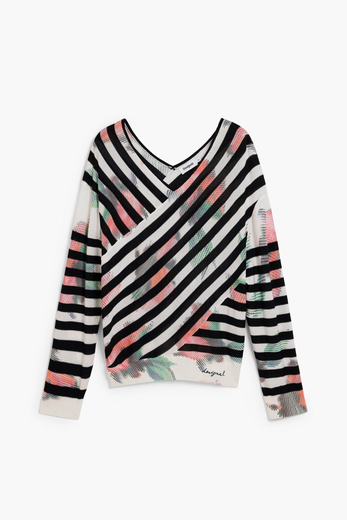 Desigual Fine-knit Sweater with wrap neckline, striped print over a blurred floral print