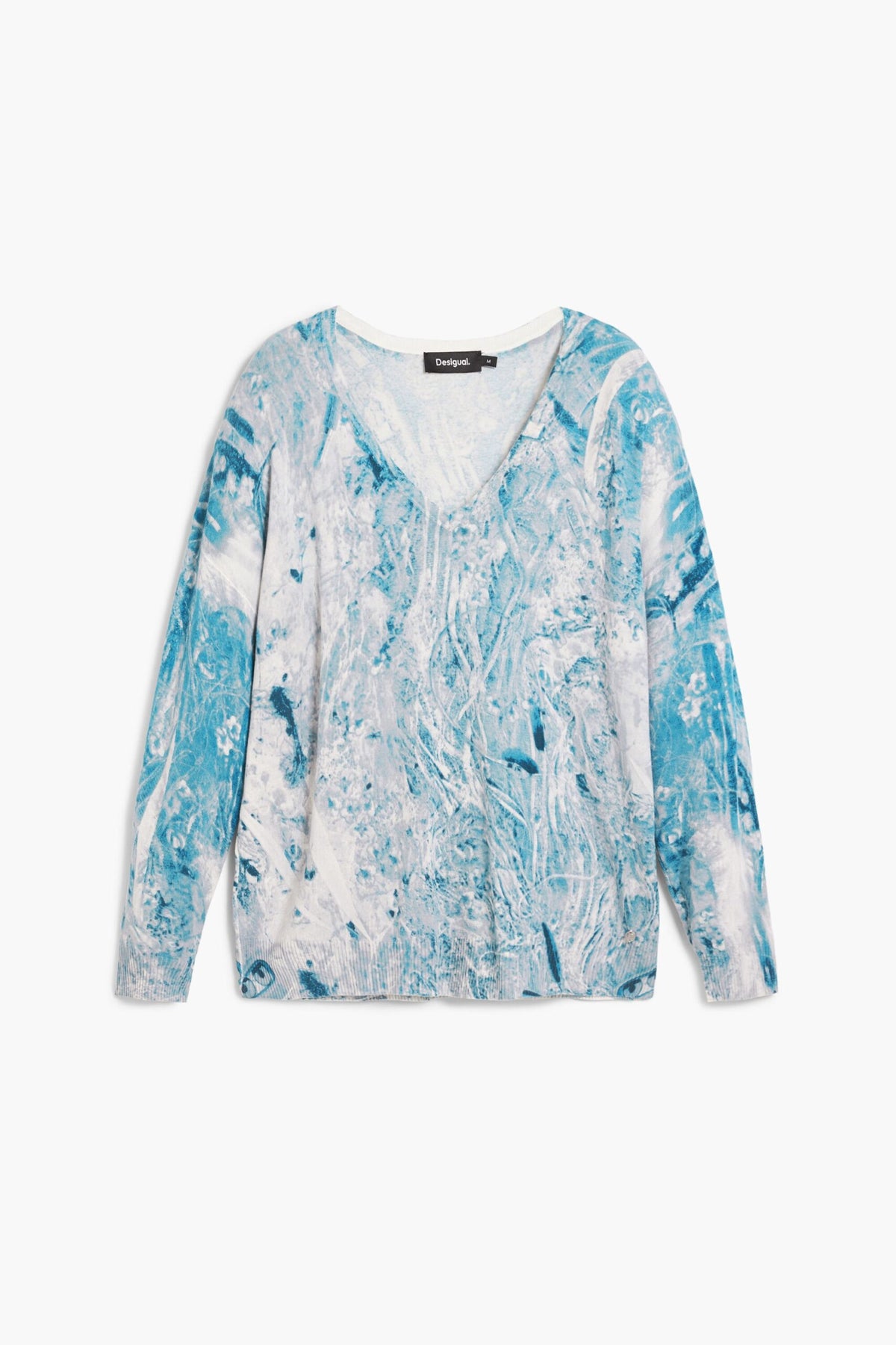 Desigual Fine knit Sweater with abstract print in blue tones It features a V-neck