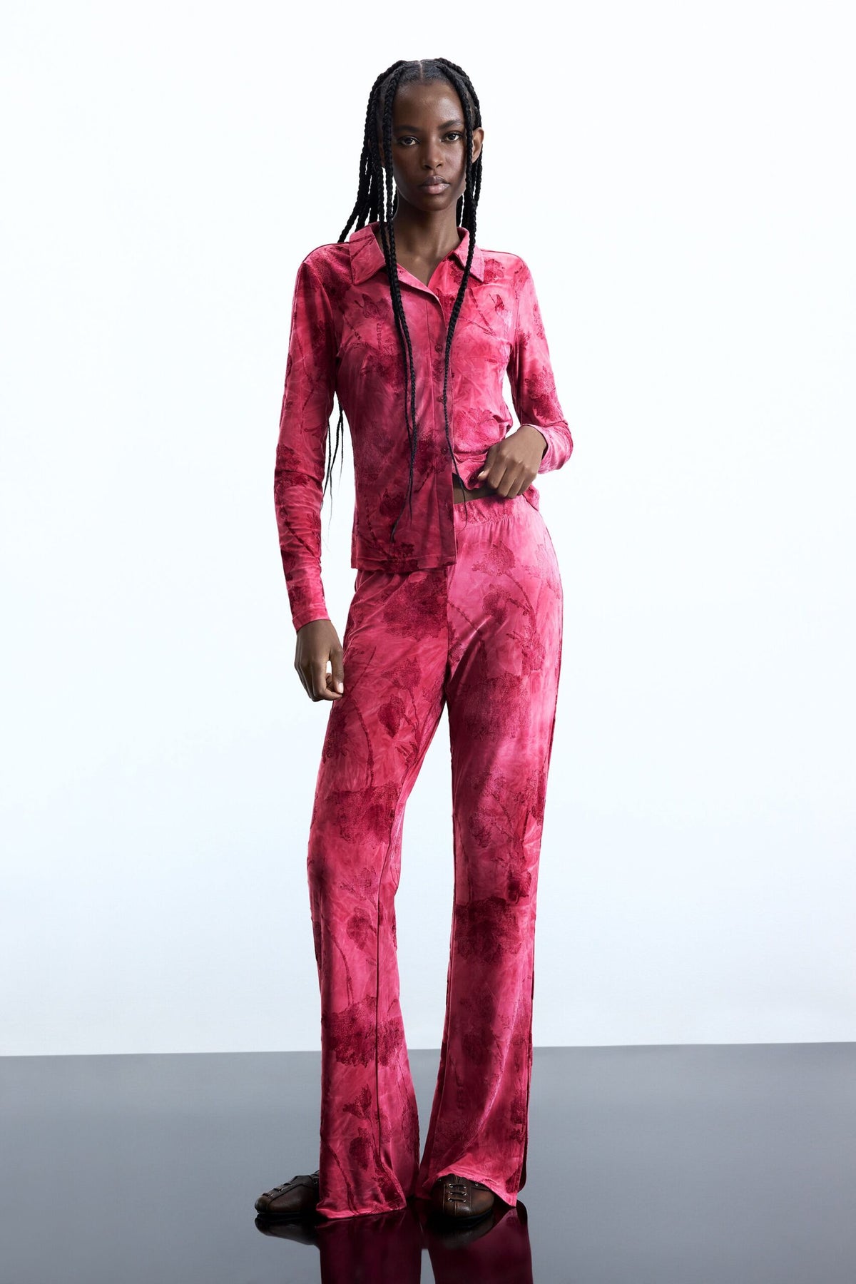 Desigual Flared-style trousers in devoré fabric with elastic waistband