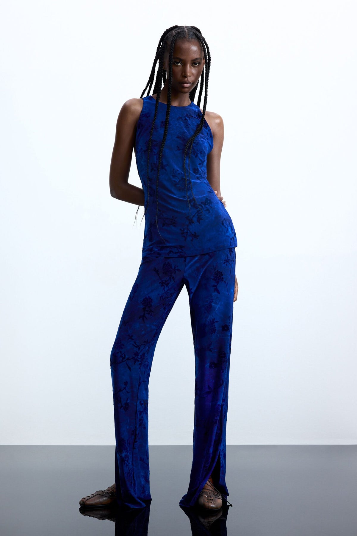 Desigual Flared-style trousers in devoré fabric with elastic waistband