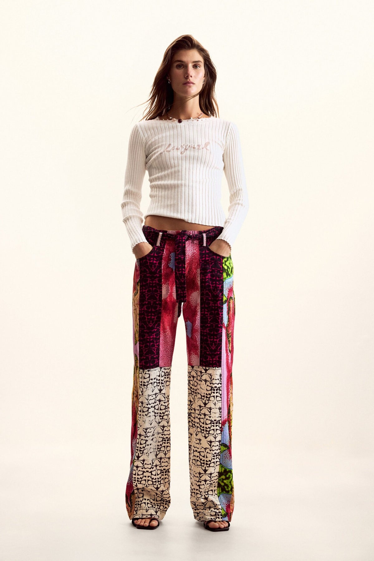 Desigual Straight, flowing trousers with elastic waistband adjustable belt