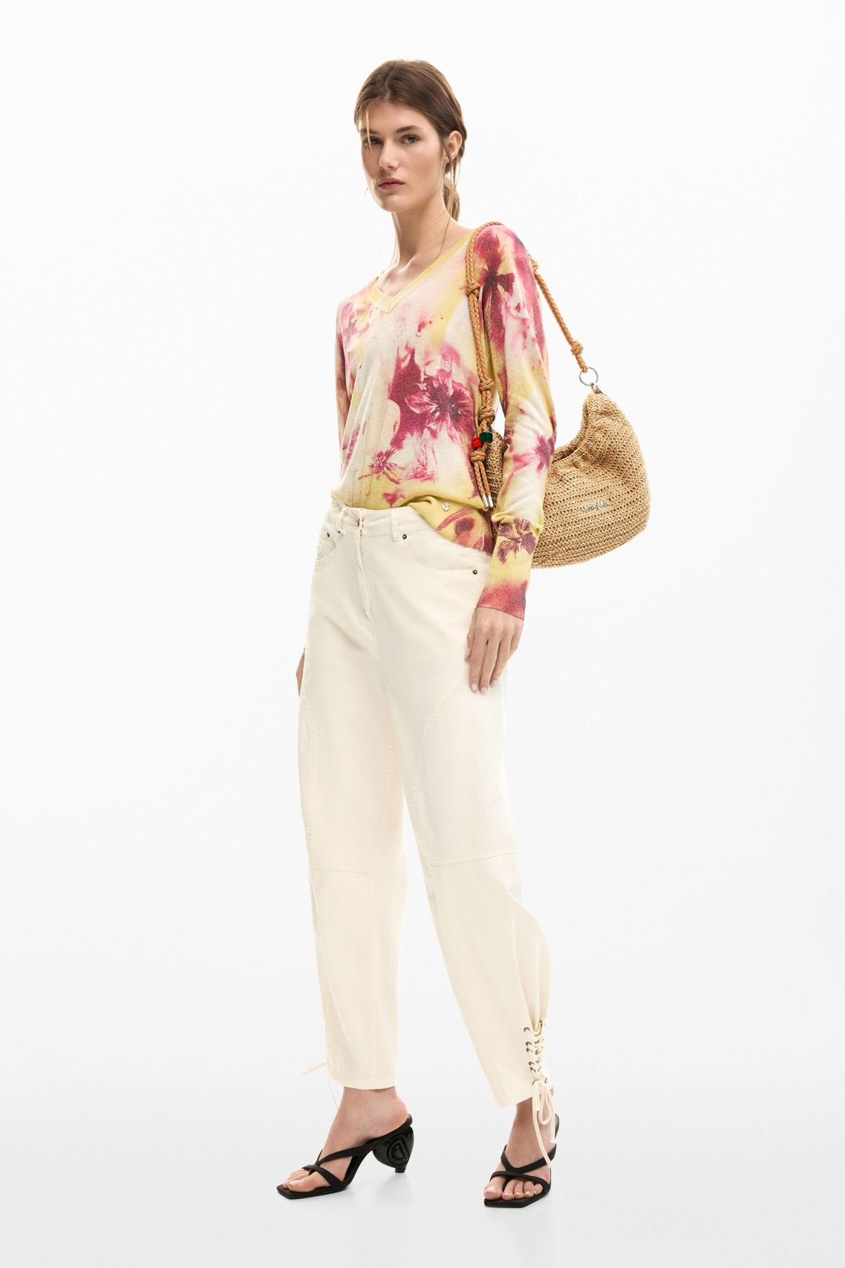 Desigual Long cotton trousers with plain white fabric waistband with button and zipper,