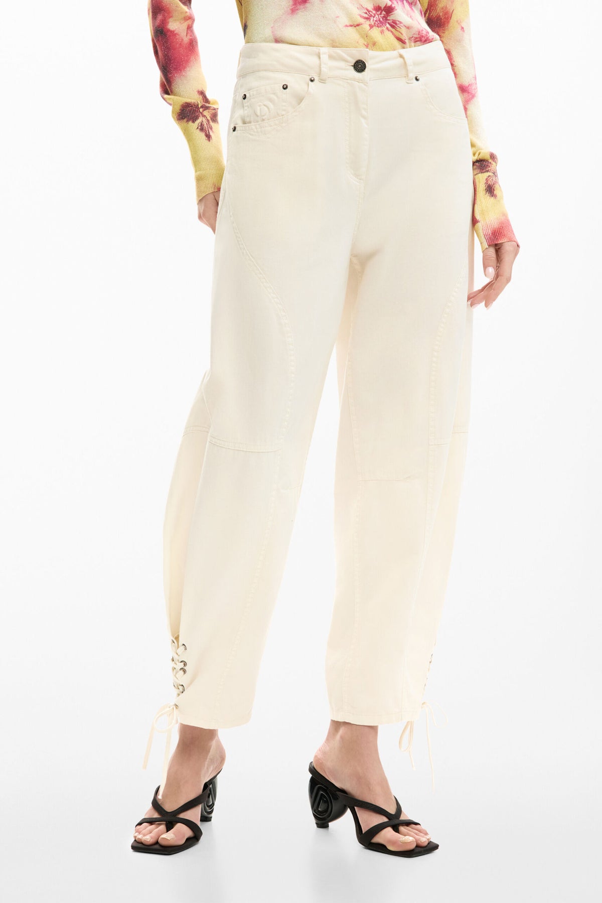 Desigual Long cotton trousers with plain white fabric waistband with button and zipper,