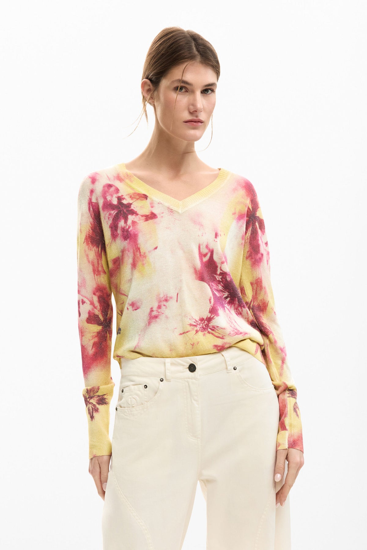 Desigual Long cotton trousers with plain white fabric waistband with button and zipper,