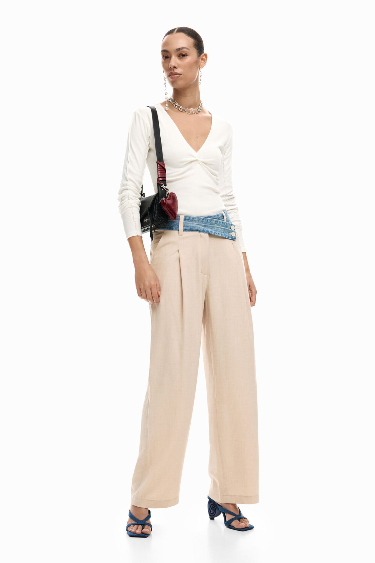 Desigual Straight pleated trousers in fluid fabric with denim fabric