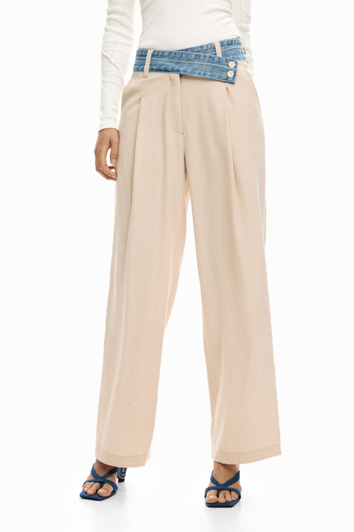 Desigual Straight pleated trousers in fluid fabric with denim fabric