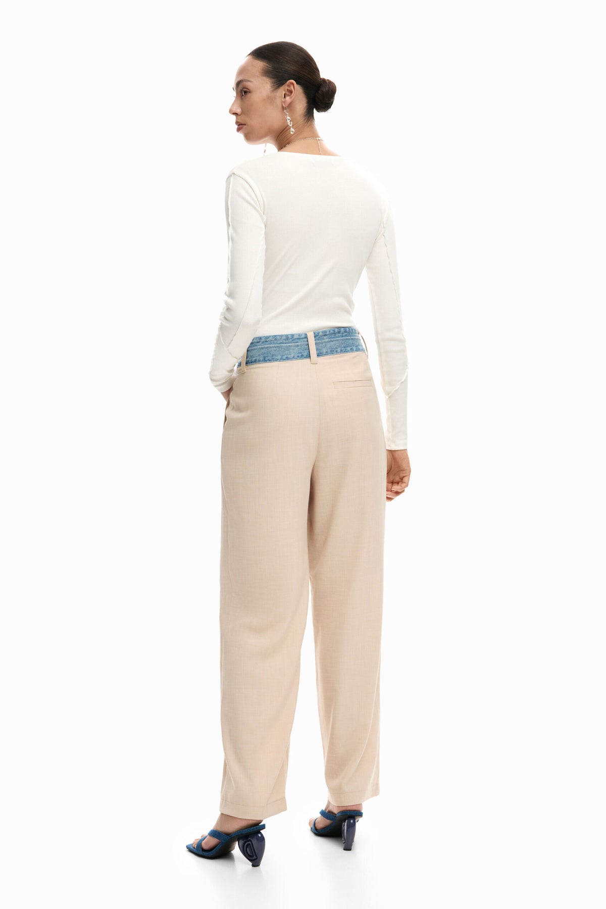 Desigual Straight pleated trousers in fluid fabric with denim fabric