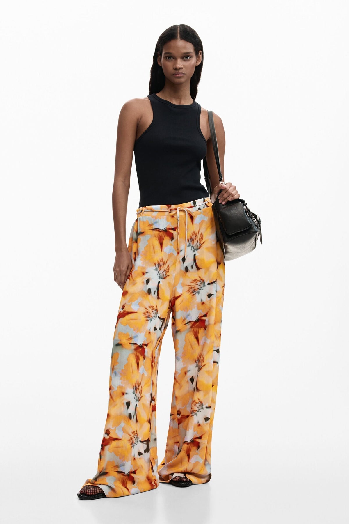 Desigual Long viscose fabric trousers with a floral print in blue and yellow tones