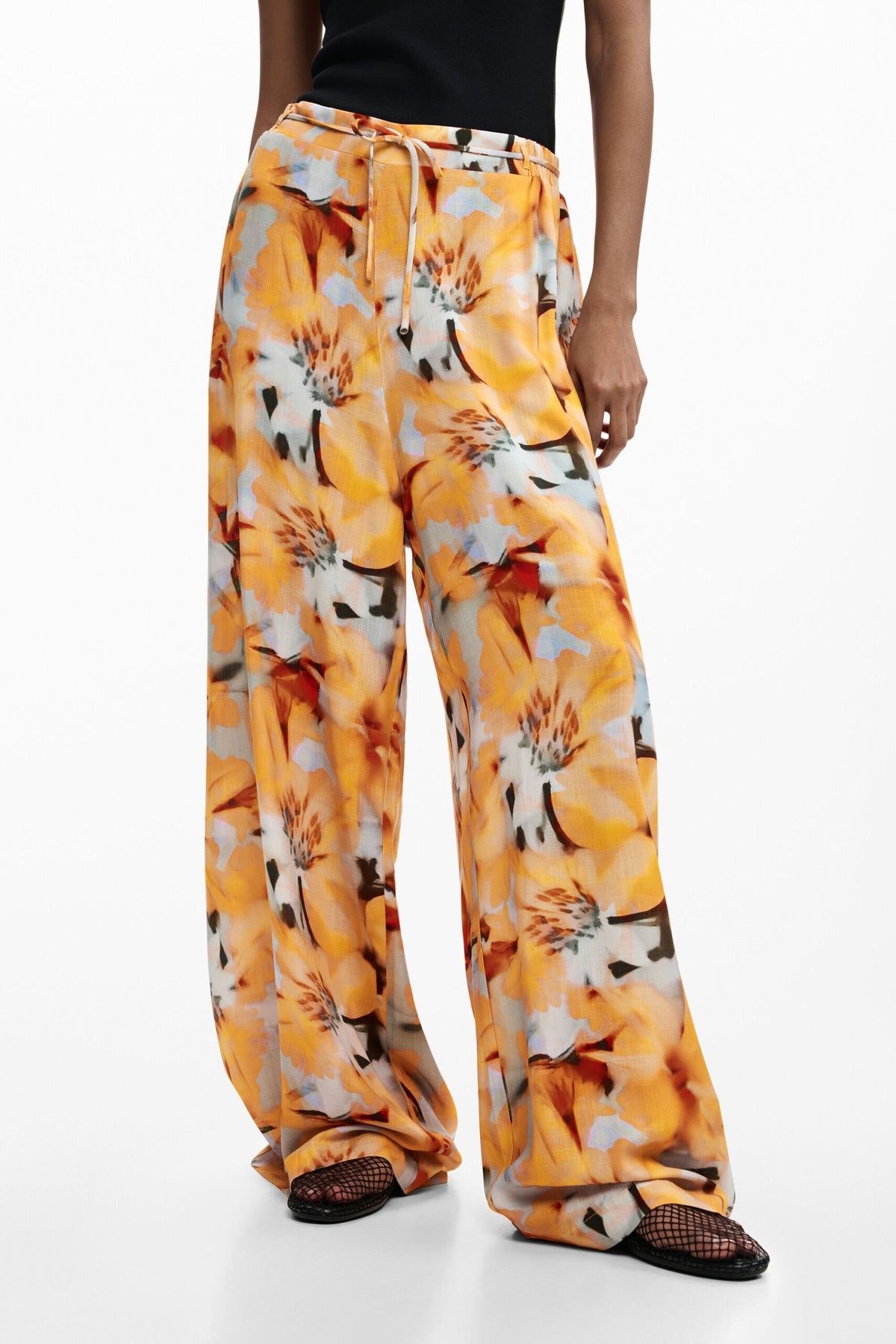 Desigual Long viscose fabric trousers with a floral print in blue and yellow tones