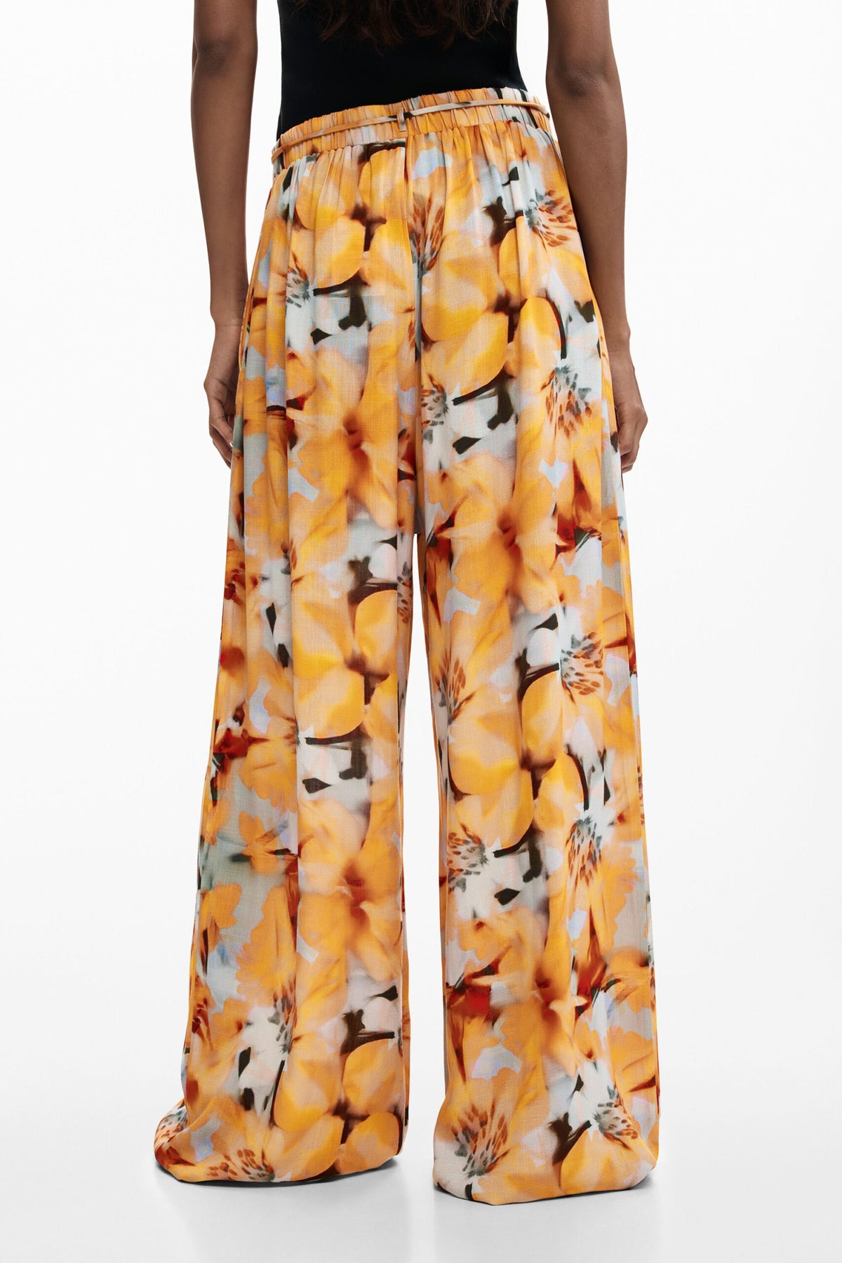 Desigual Long viscose fabric trousers with a floral print in blue and yellow tones