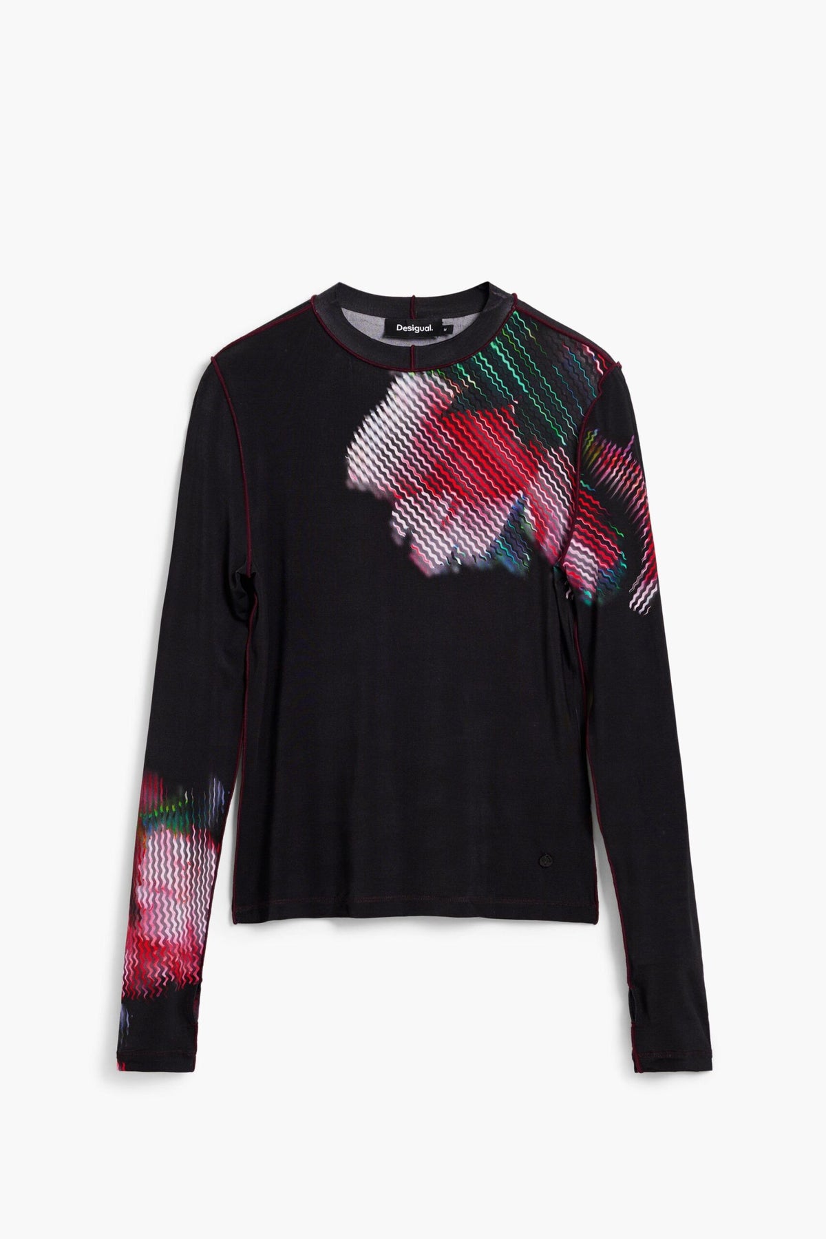 Desigual Long-sleeved T-shirt in plain fabric, with a graphic flower design in pixelated style both on the chest