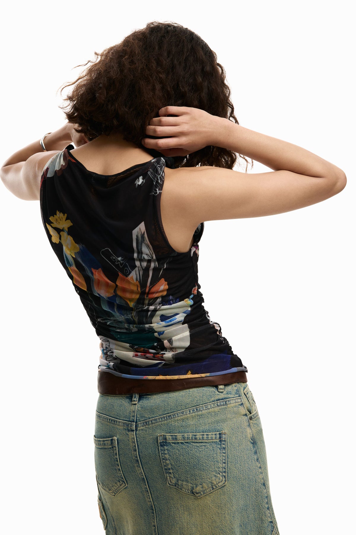 Desigual Sleeveless T-shirt in tulle fabric with inner lining and collage-style print