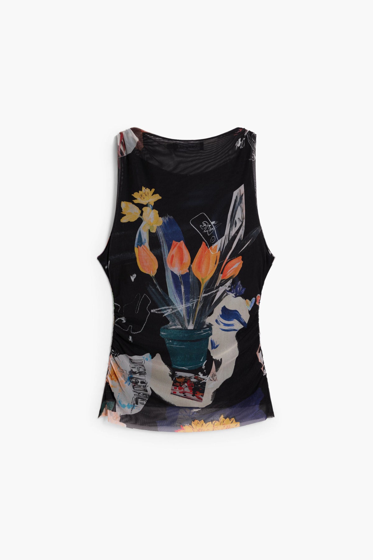 Desigual Sleeveless T-shirt in tulle fabric with inner lining and collage-style print