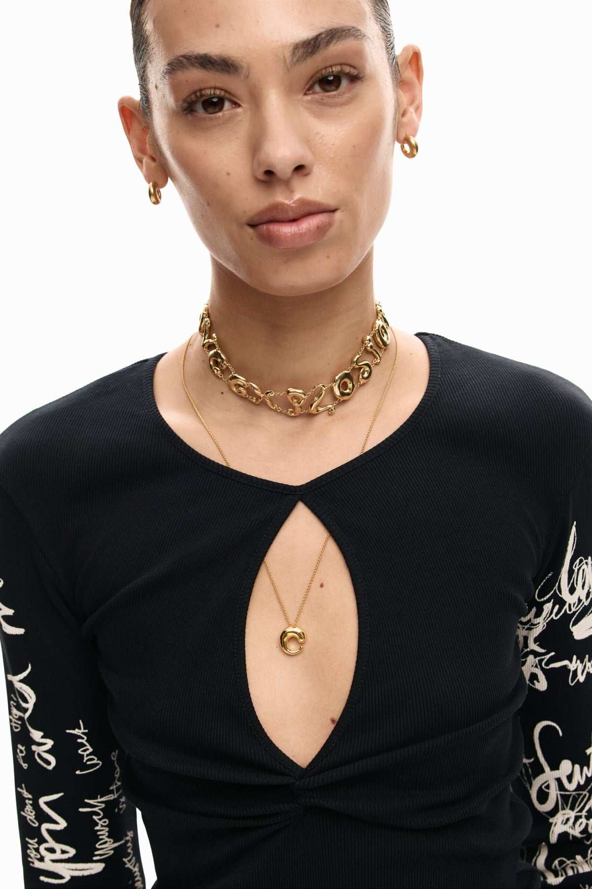 Desigual Long-sleeved T-shirt with a ruched front opening detail at the chest