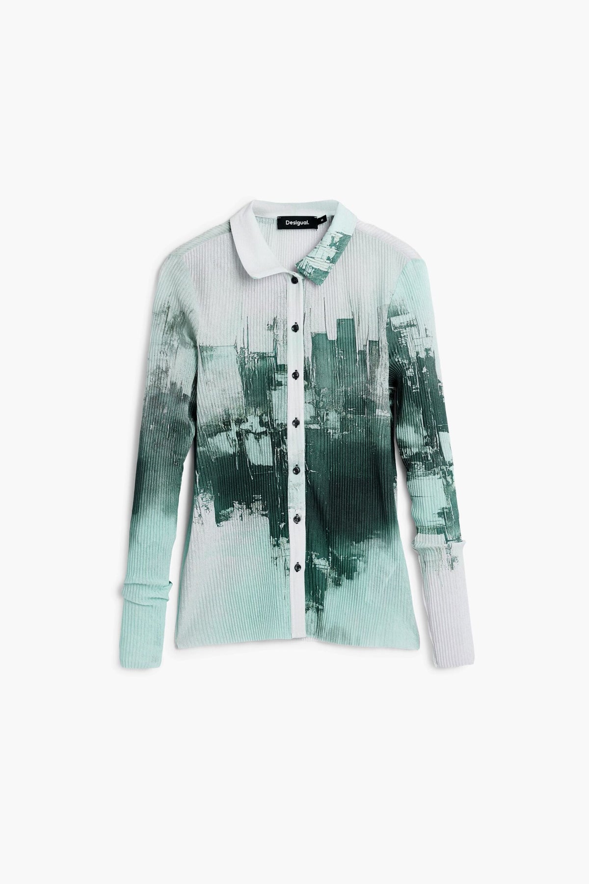 Desigual Fitted buttoned Top with photographic-style print and textured fabric.