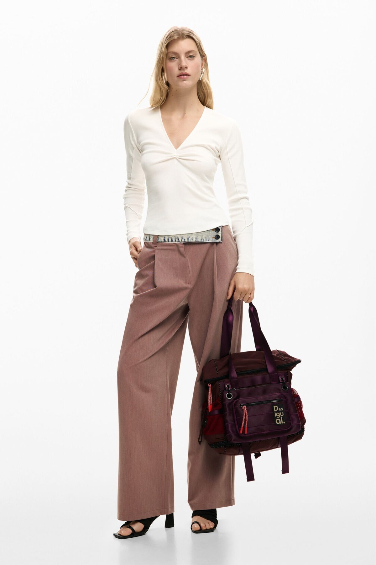 Desigual Long-sleeved T-shirt in slightly elastic rib knit with V-neckline knotted-effect detail