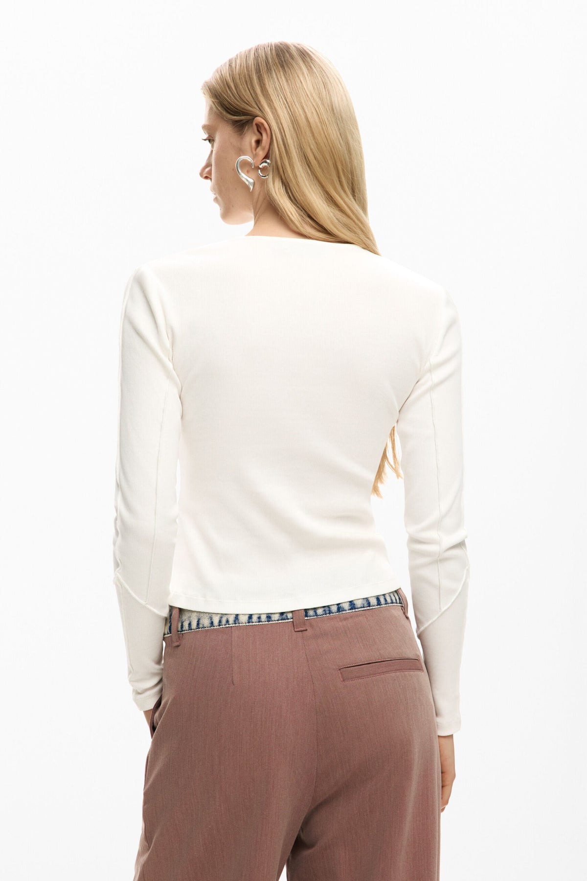 Desigual Long-sleeved T-shirt in slightly elastic rib knit with V-neckline knotted-effect detail