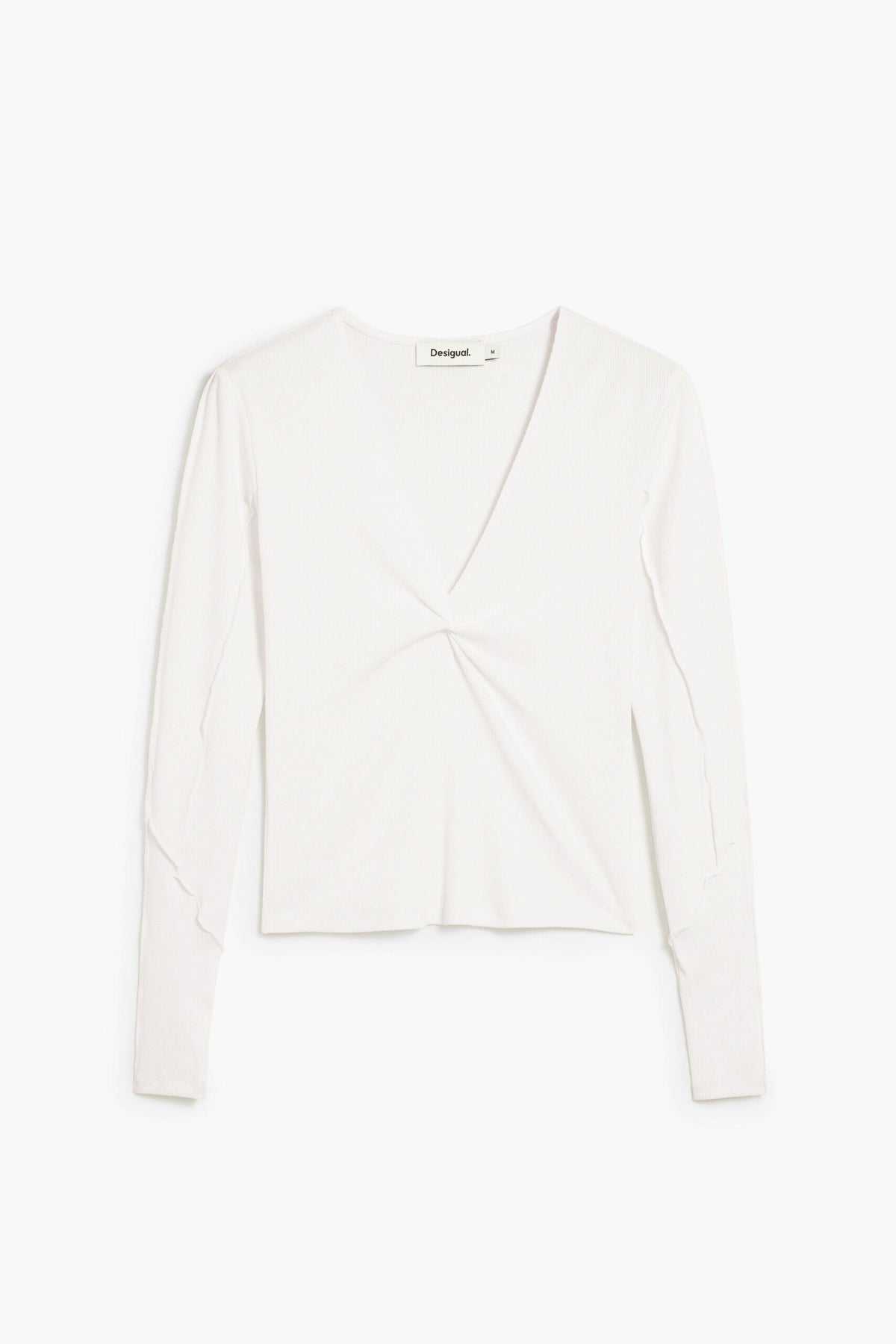 Desigual Long-sleeved T-shirt in slightly elastic rib knit with V-neckline knotted-effect detail