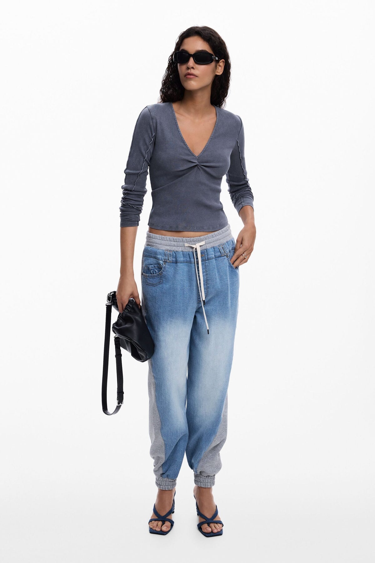 Desigual Long-sleeved T-shirt in slightly elastic rib knit with V-neckline knotted-effect detail