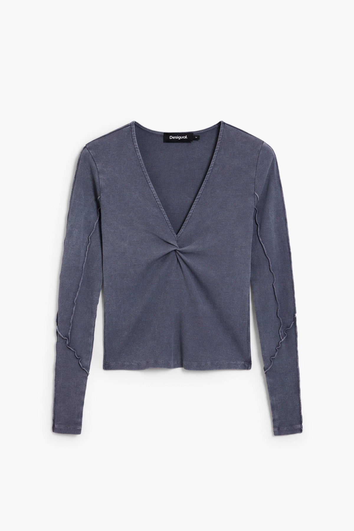 Desigual Long-sleeved T-shirt in slightly elastic rib knit with V-neckline knotted-effect detail