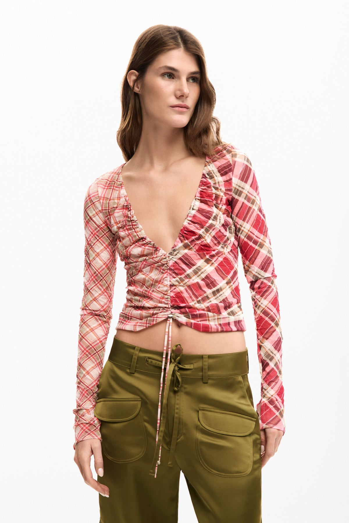 Desigual Checked T-shirt with gathering at the front that adjusts the length