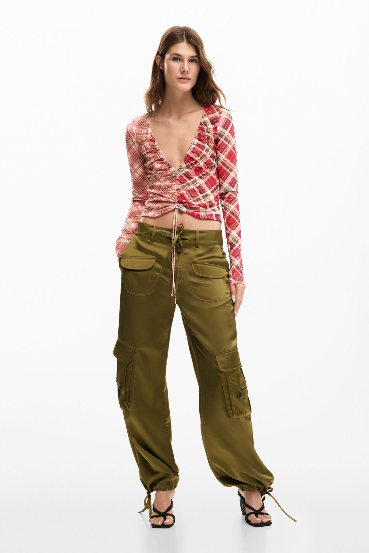 Desigual Checked T-shirt with gathering at the front that adjusts the length