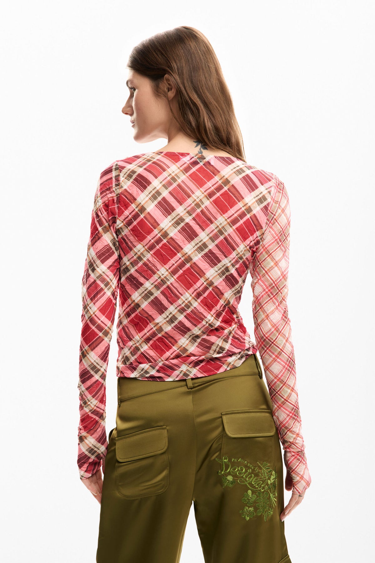 Desigual Checked T-shirt with gathering at the front that adjusts the length