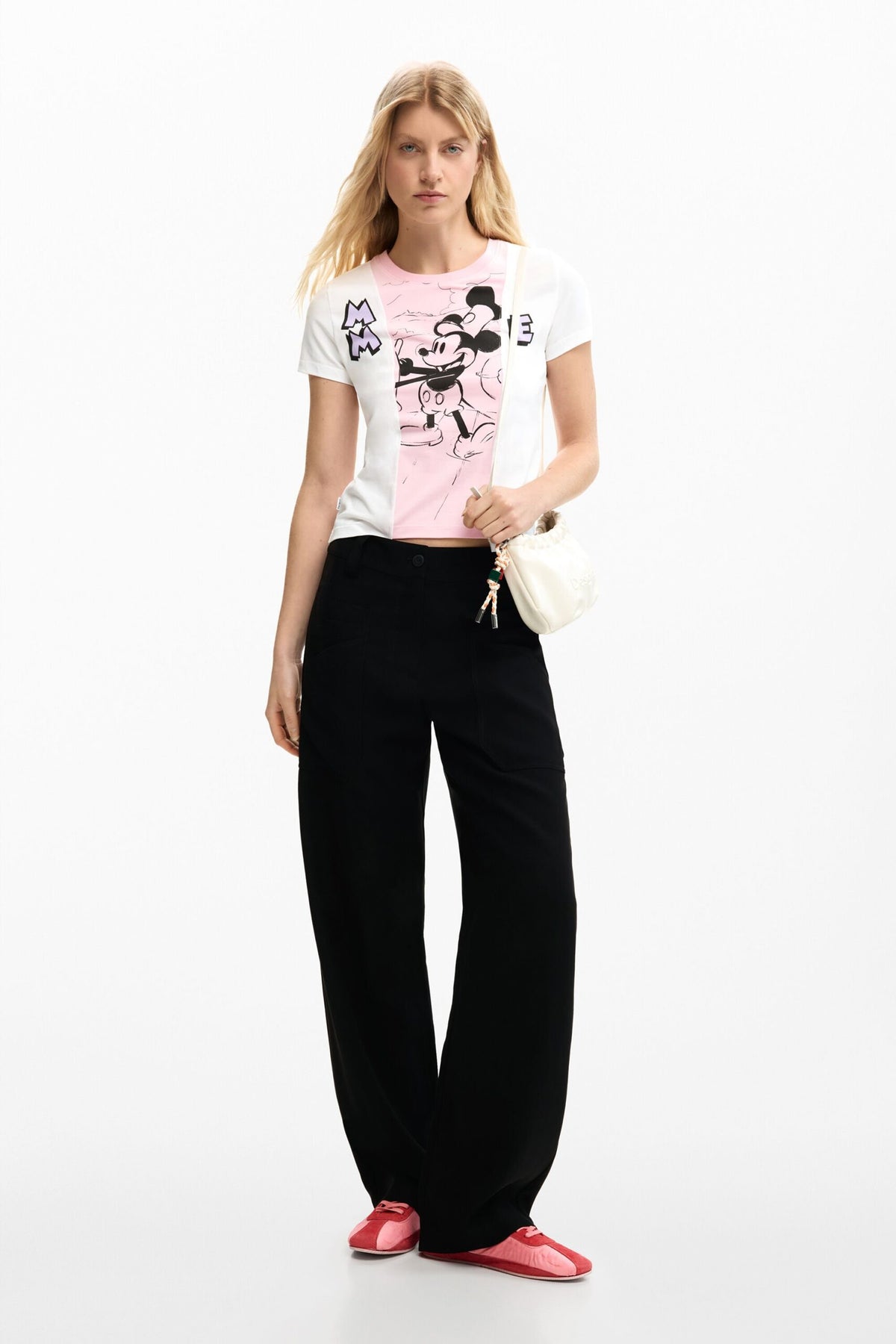Desigual Regular-fit T-shirt with asymmetrical hem two-tone design and Mickey Mouse™ image on the front.