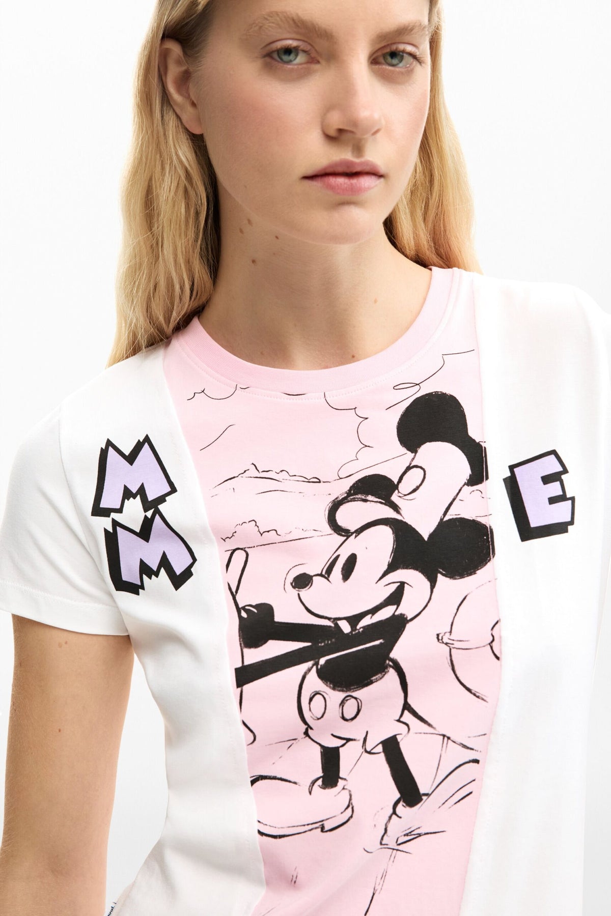 Desigual Regular-fit T-shirt with asymmetrical hem two-tone design and Mickey Mouse™ image on the front.
