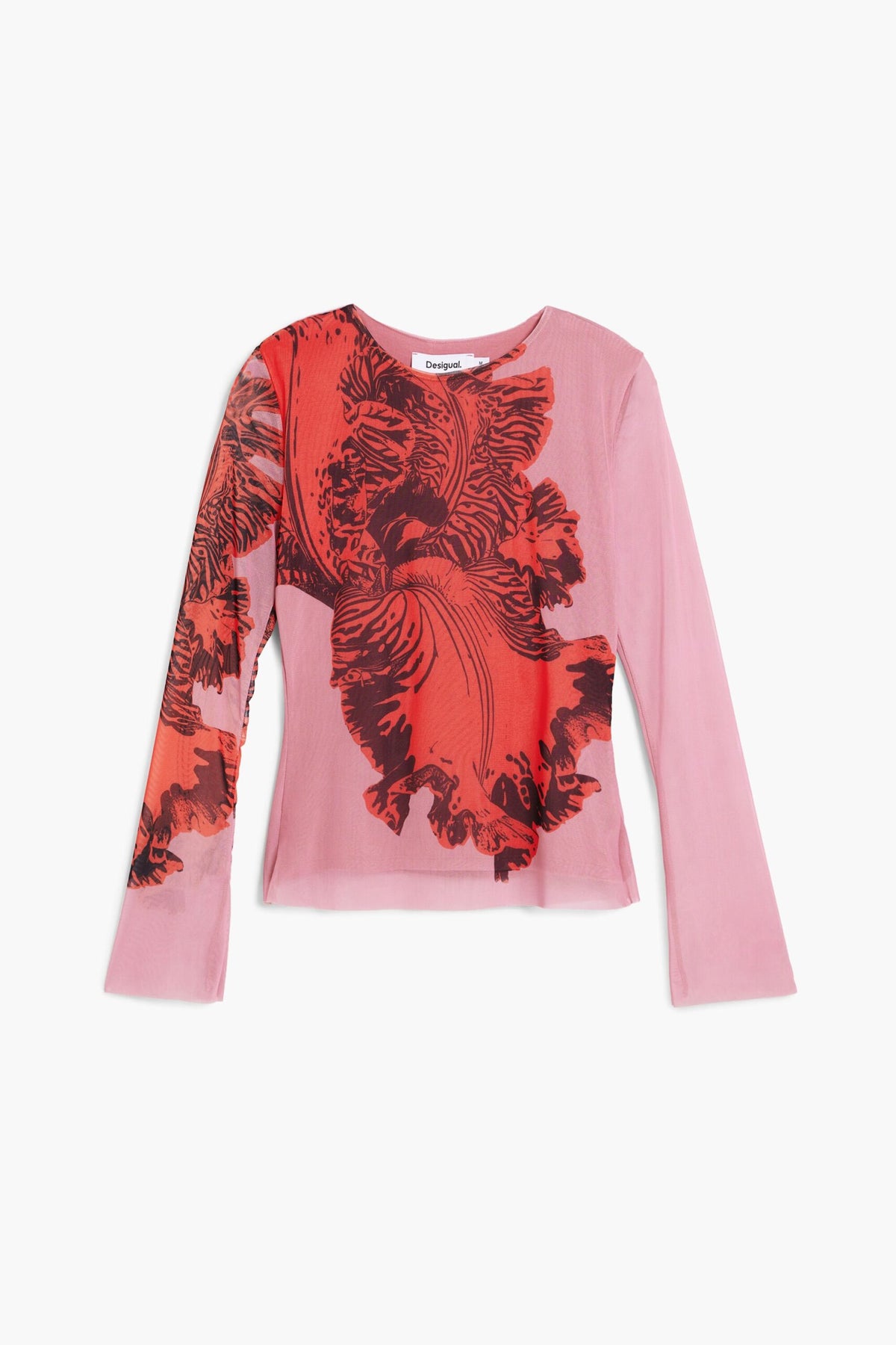 Desigual Long-sleeved T-shirt in knit fabric with a pink base and floral print in shades of red covering the front.