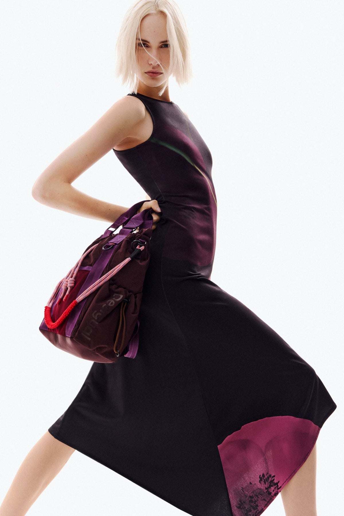 Desigual Sleeveless fluid dress with asymmetrical cut and large flower print