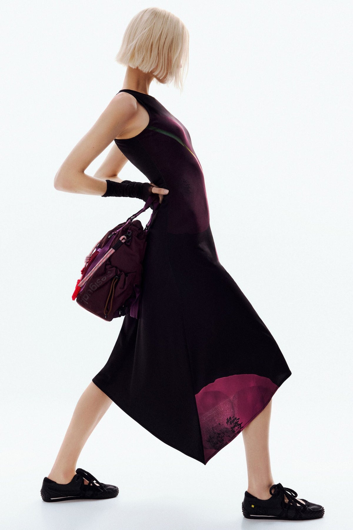 Desigual Sleeveless fluid dress with asymmetrical cut and large flower print