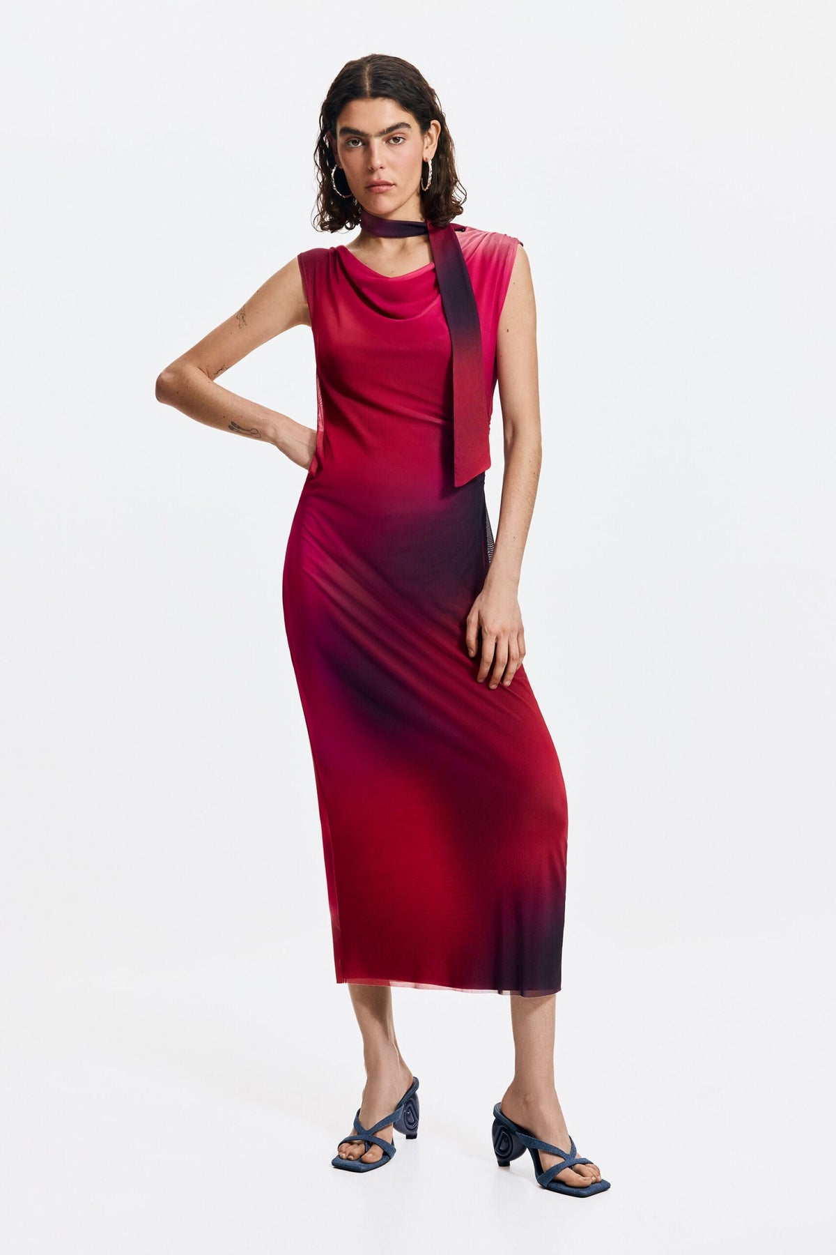 Desigual Midi-cut dress in chiffon with side draping sleeveless asymmetric neckline