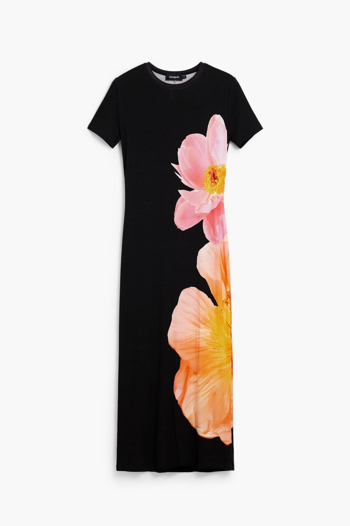 Desigual Long short-sleeved dress in plain fabric with positional flower print