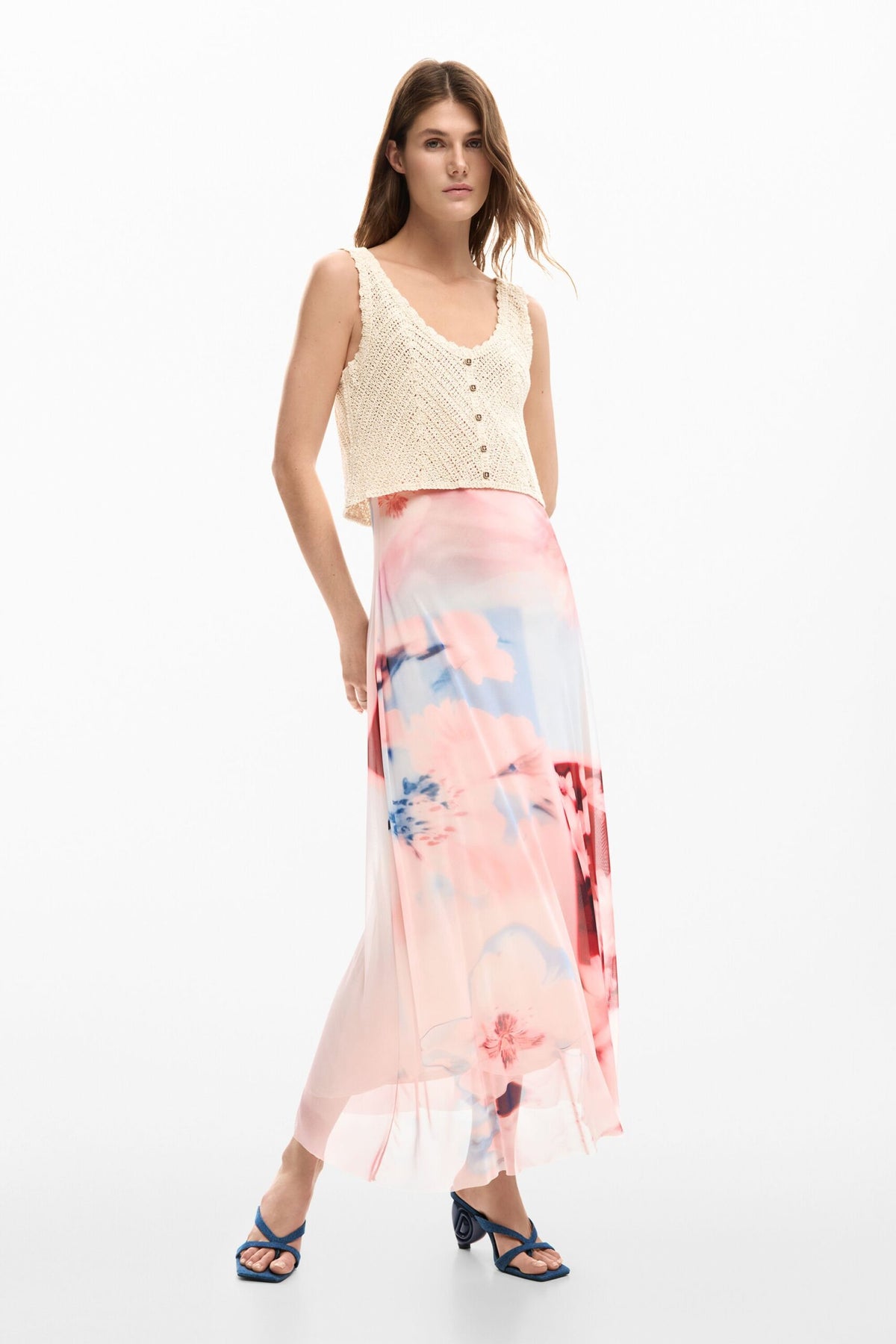 Desigual Dress made from two materials, upper part with crochet top and skirt in fluid fabric