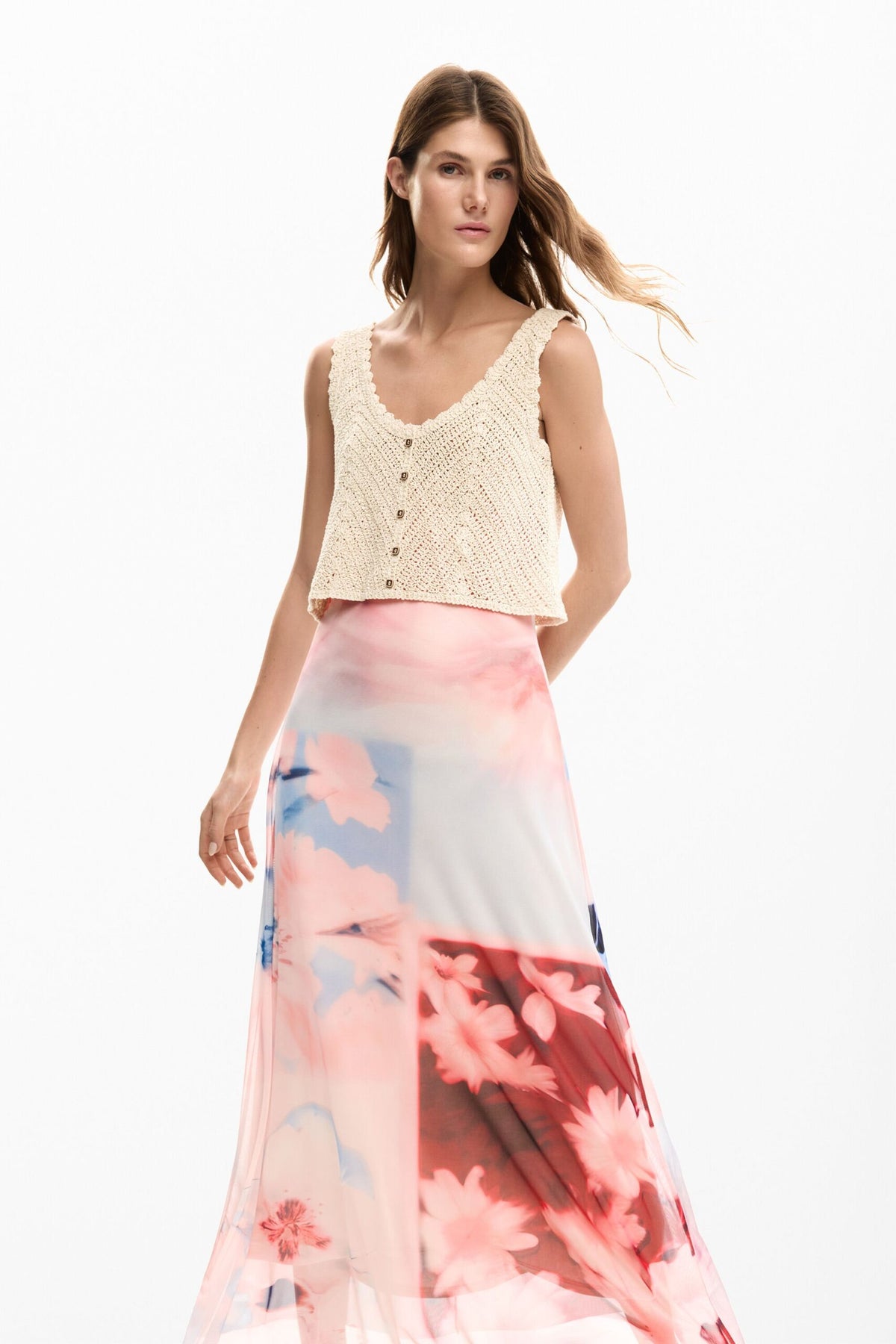 Desigual Dress made from two materials, upper part with crochet top and skirt in fluid fabric