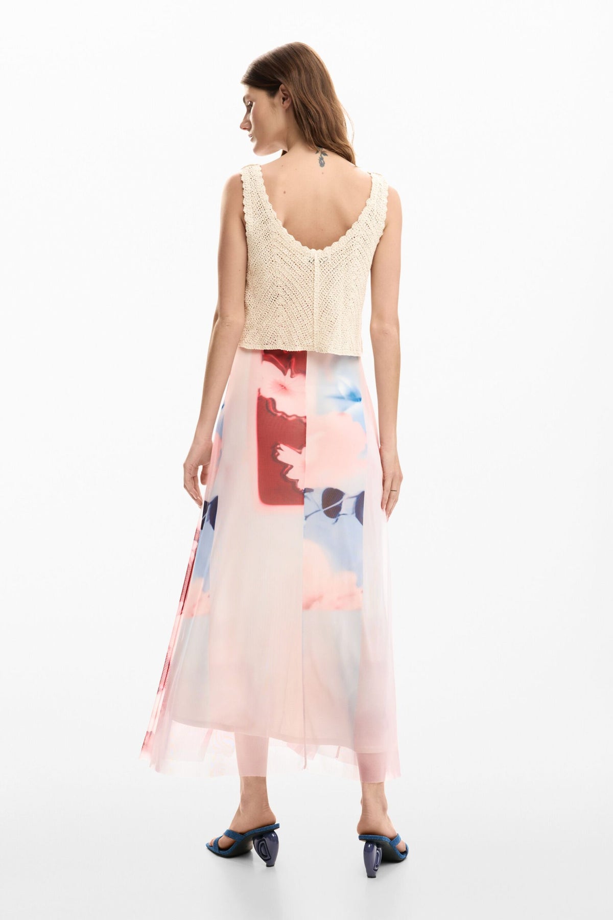 Desigual Dress made from two materials, upper part with crochet top and skirt in fluid fabric