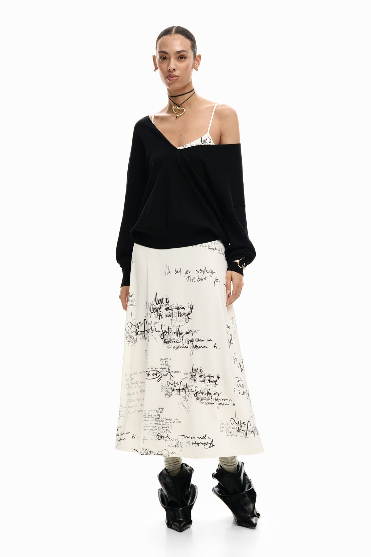 Desigual Long fitted strappy dress with combined lettering print