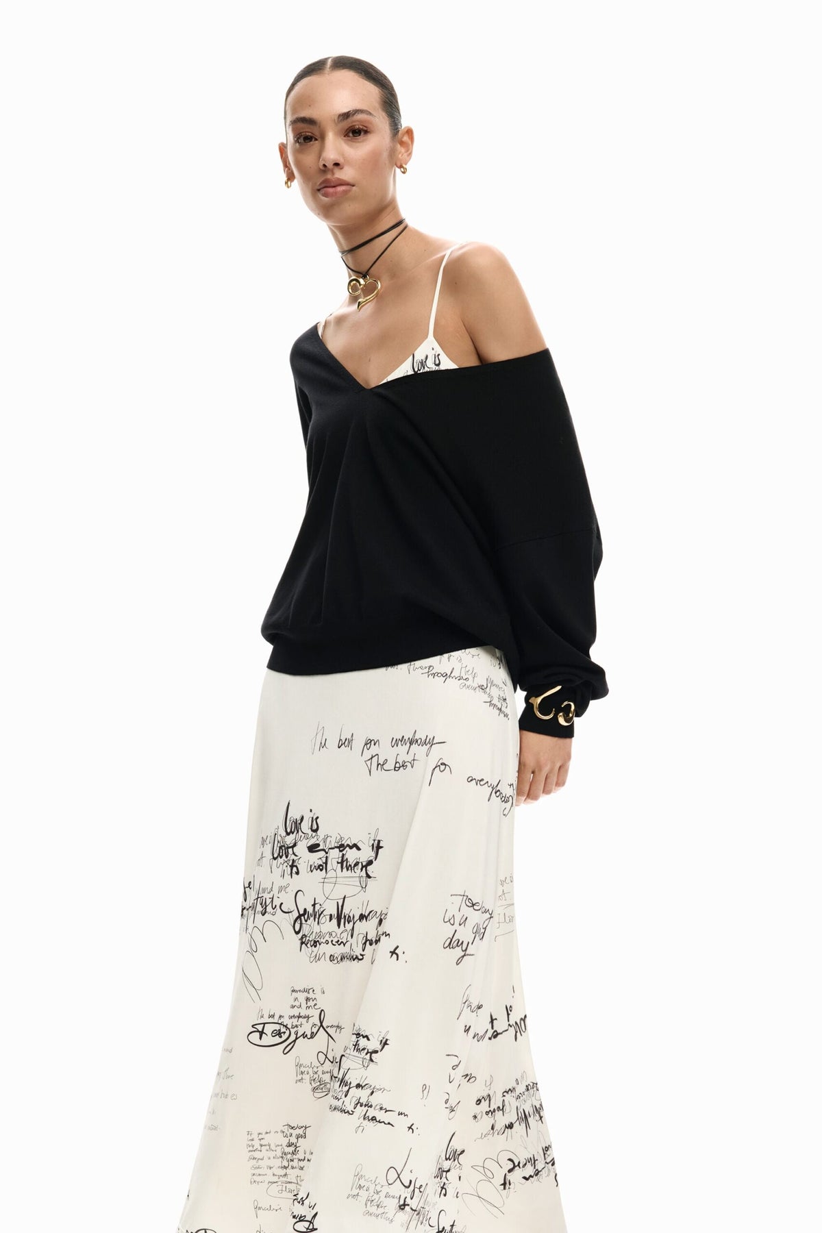 Desigual Long fitted strappy dress with combined lettering print