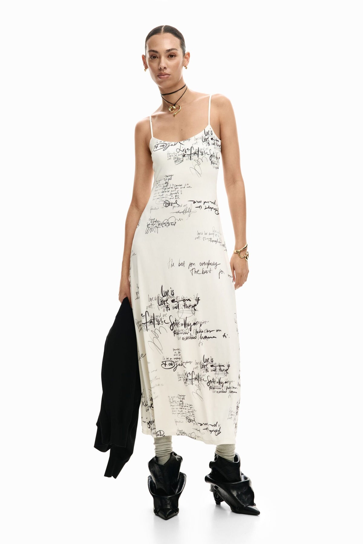 Desigual Long fitted strappy dress with combined lettering print