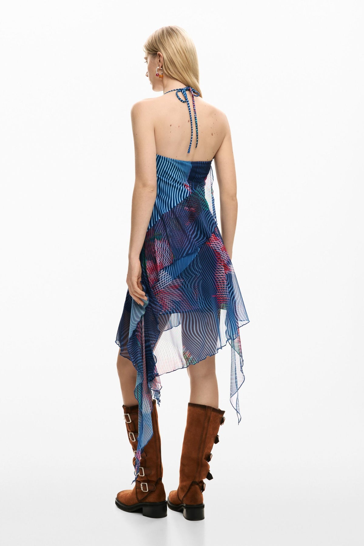 Desigual Strappy dress with V-neckline pixelated-style floral print and cascading ruffles falling