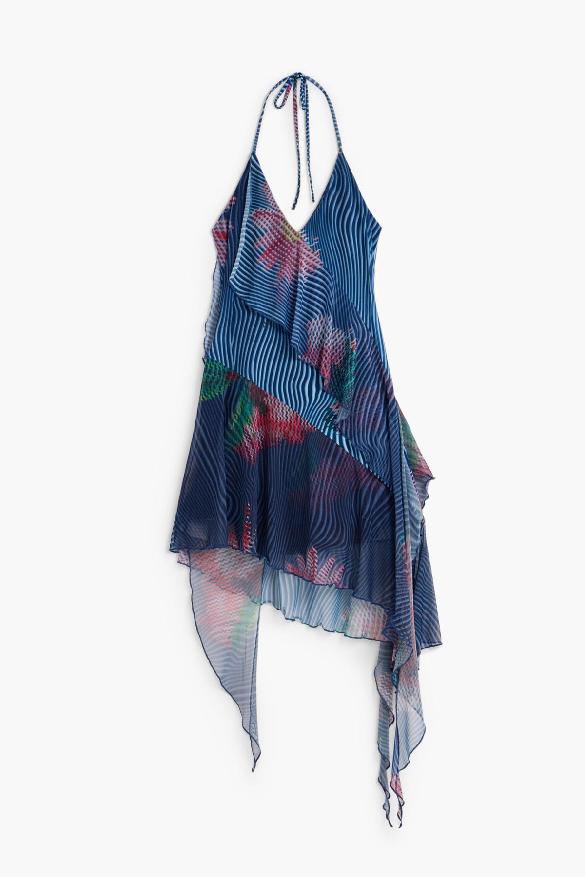 Desigual Strappy dress with V-neckline pixelated-style floral print and cascading ruffles falling