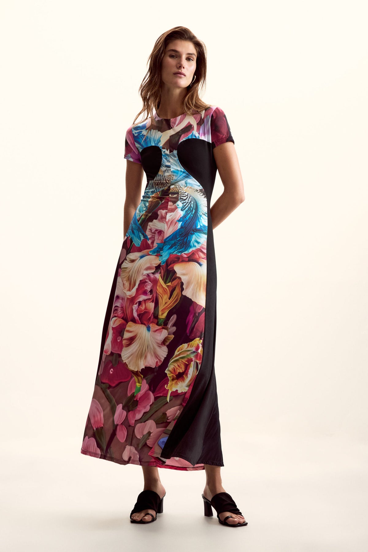 Desigual Knit dress with solid color panels and multicolored floral print on the front and sides