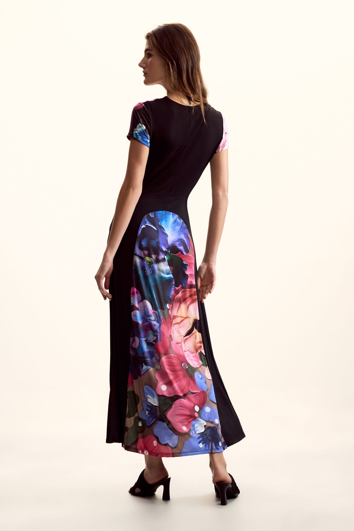 Desigual Knit dress with solid color panels and multicolored floral print on the front and sides