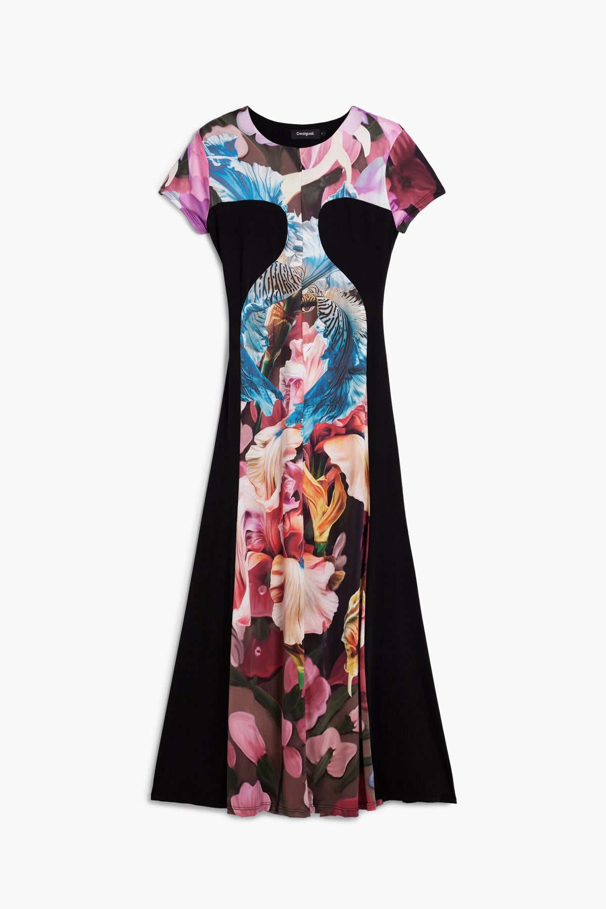 Desigual Knit dress with solid color panels and multicolored floral print on the front and sides