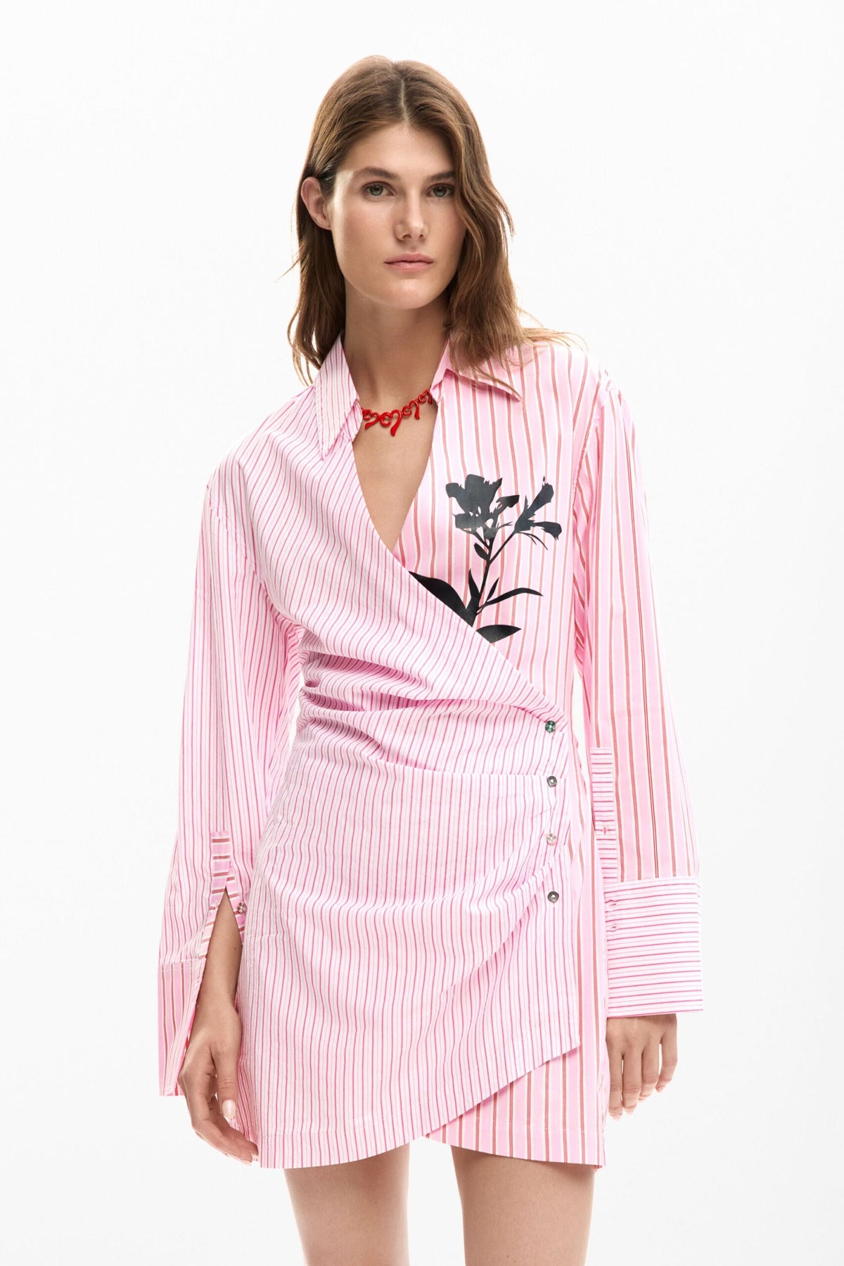 Desigual Short long-sleeved shirt-style striped dress with wrap neckline