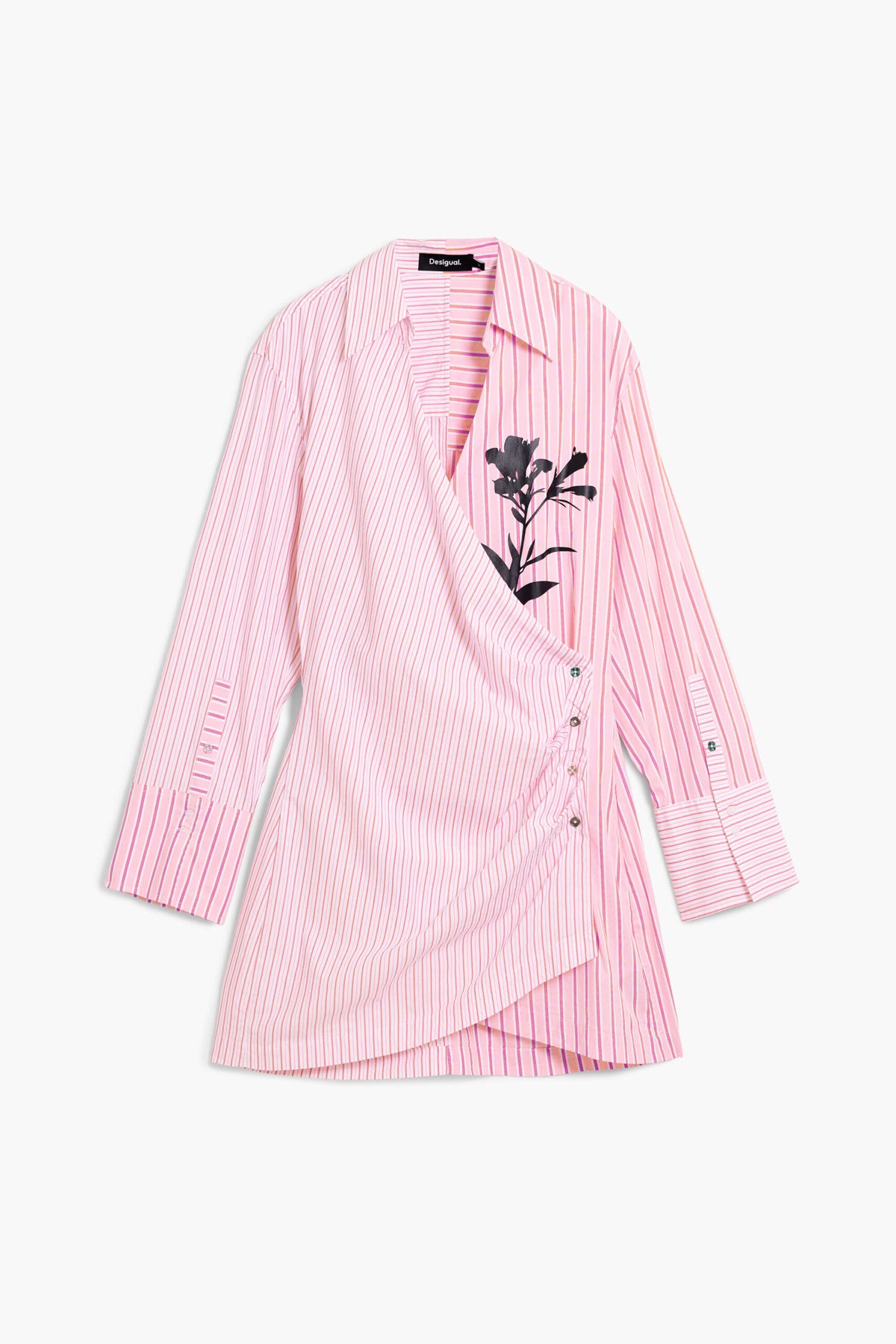 Desigual Short long-sleeved shirt-style striped dress with wrap neckline
